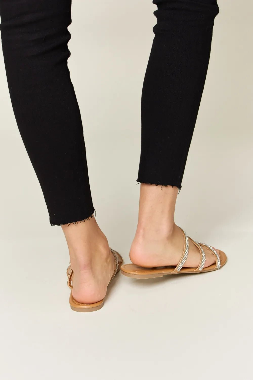 Celeste Rhinestone Three-Strap Sandals — Tan - Dressed.