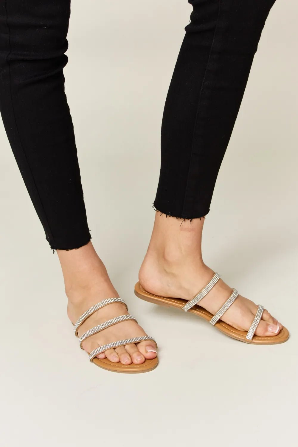 Celeste Rhinestone Three-Strap Sandals — Tan - Dressed.
