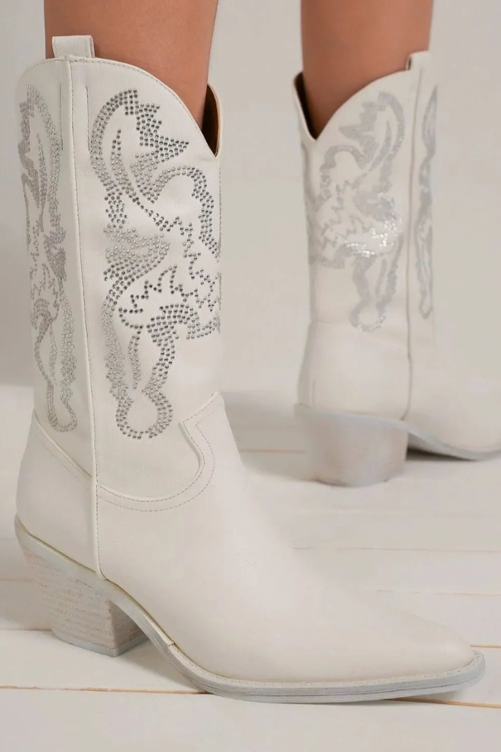 Celestine Rhinestone Pointed-Toe Boots — White - Dressed.
