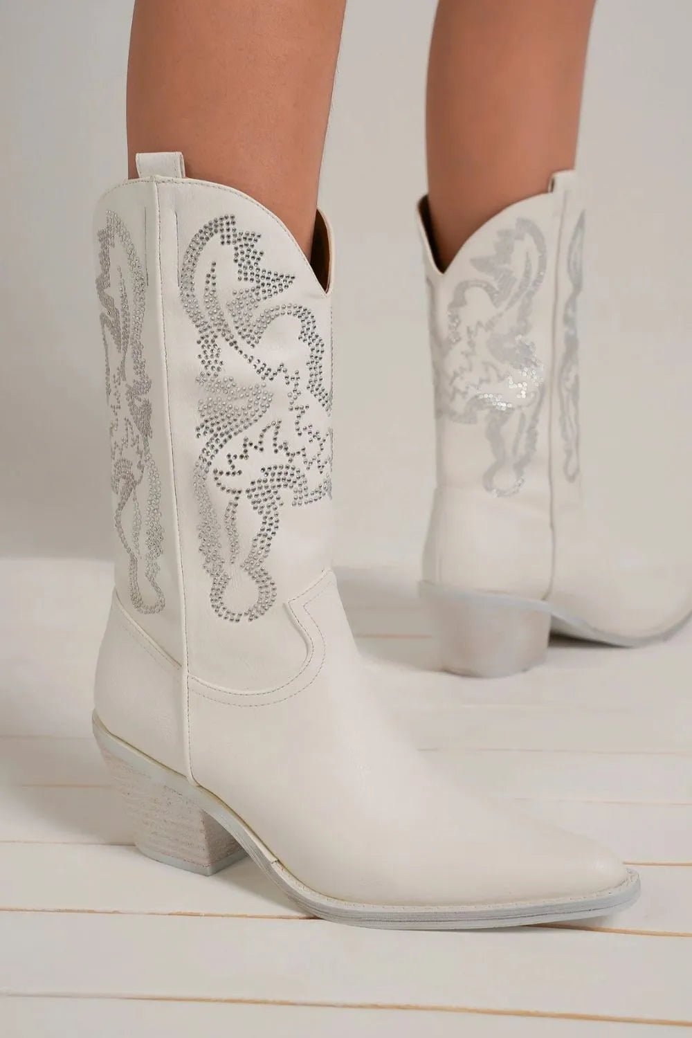 Celestine Rhinestone Pointed-Toe Boots — White - Dressed.