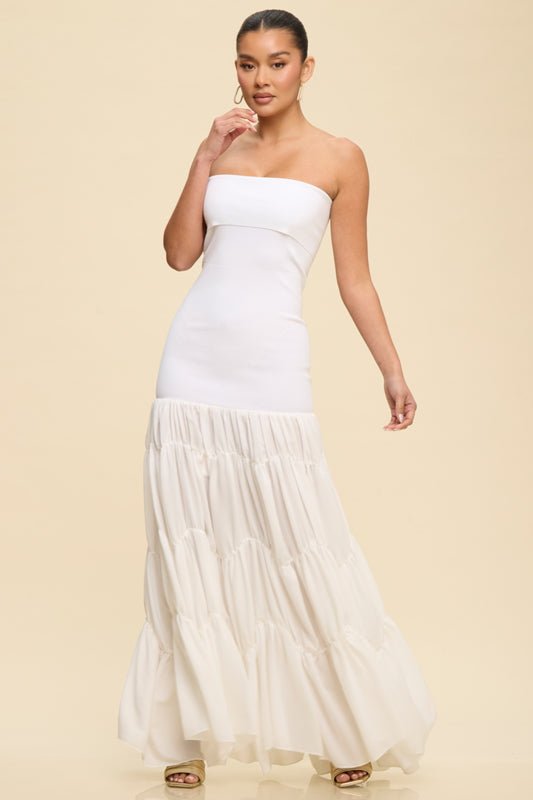 Celestine Strapless Tiered Maxi Dress — White | Dressed Showroom - Dressed.