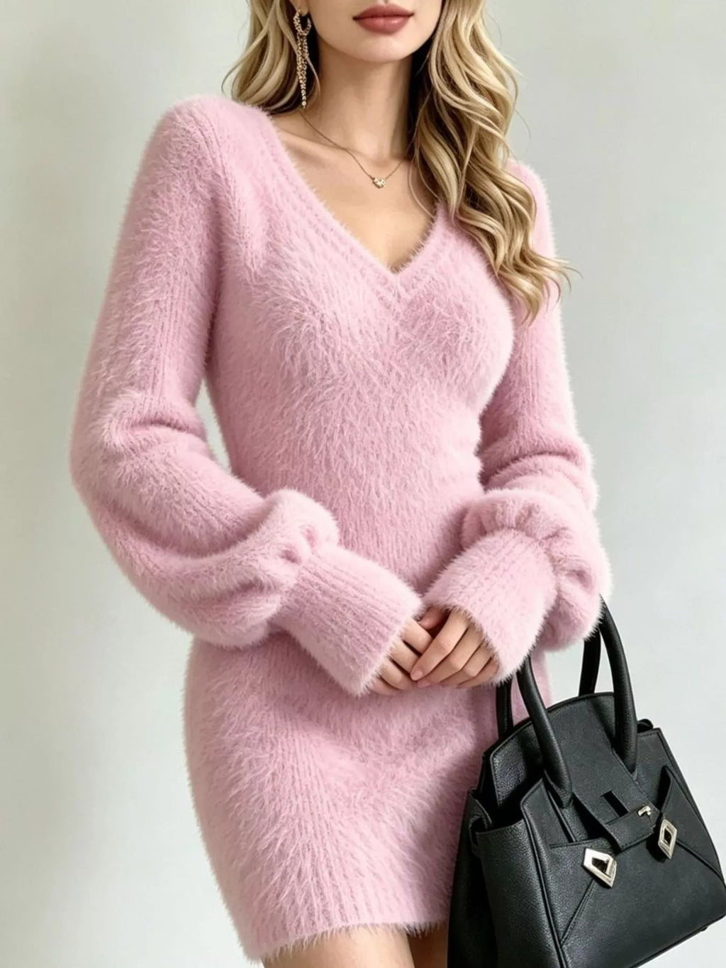 Clara Fuzzy-Knit V-Neck Sweater Dress - Dressed.