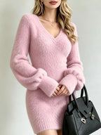 Clara Fuzzy-Knit V-Neck Sweater Dress - Dressed.