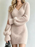Clara Fuzzy-Knit V-Neck Sweater Dress - Dressed.