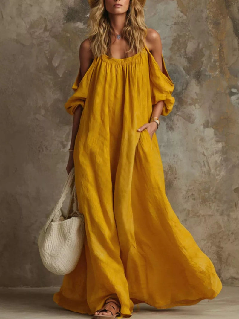 Cold-Shoulder Linen Maxi Dress — Multiple Colors • Inclusive Sizing | Trendsi - Dressed.