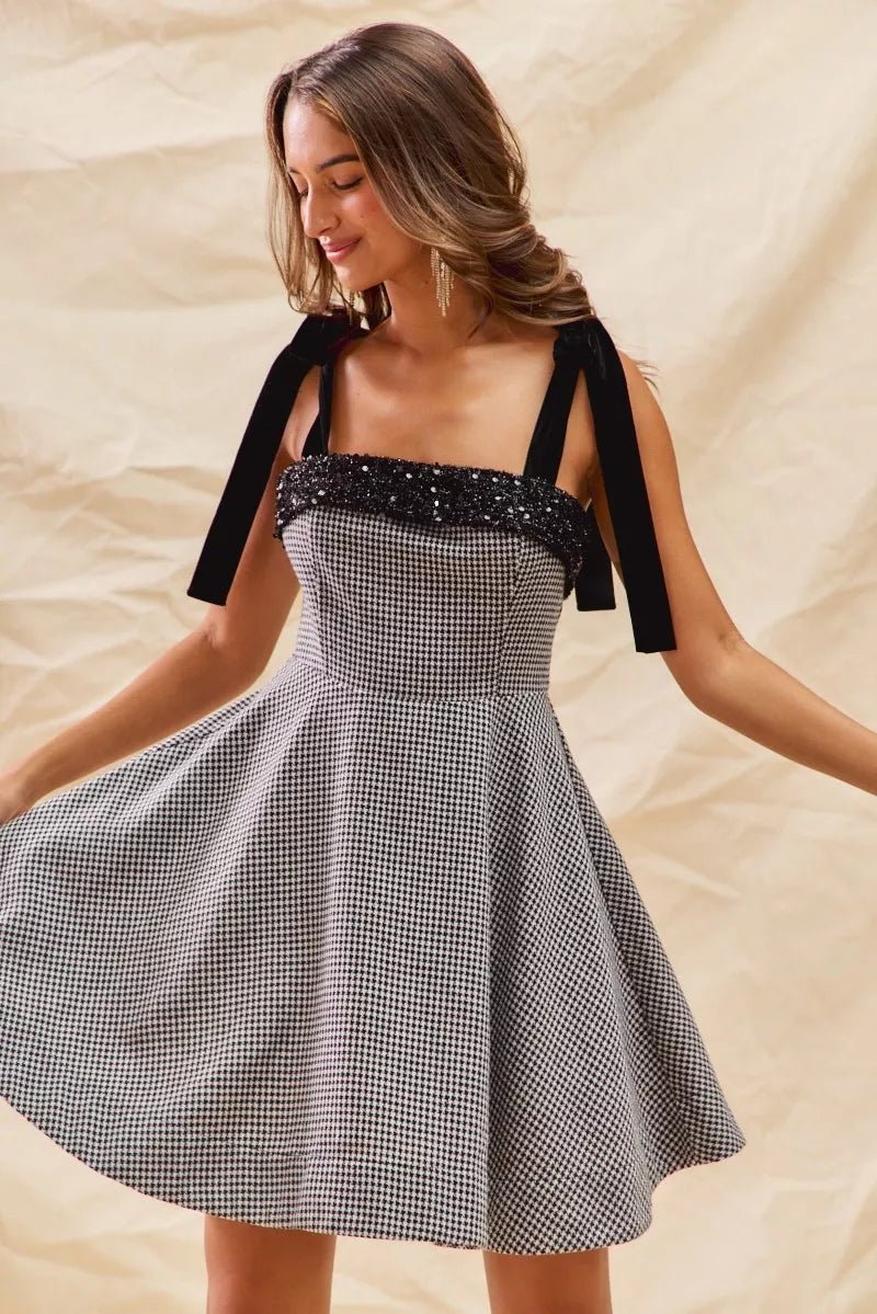 Colette Houndstooth Shoulder-Tie Mini Dress - Dressed.