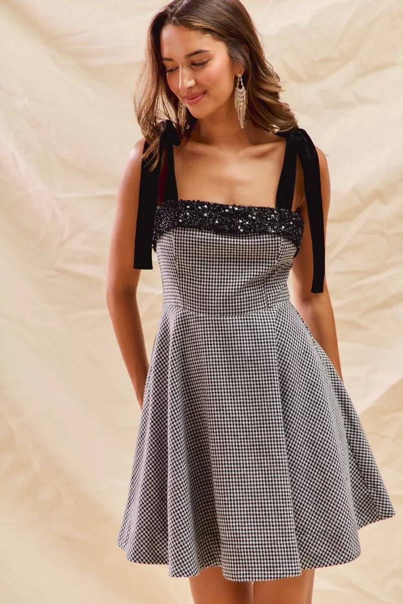 Colette Houndstooth Shoulder-Tie Mini Dress - Dressed.