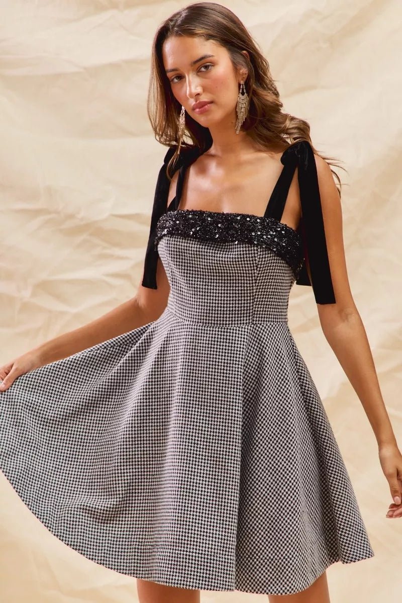 Colette Houndstooth Shoulder-Tie Mini Dress - Dressed.