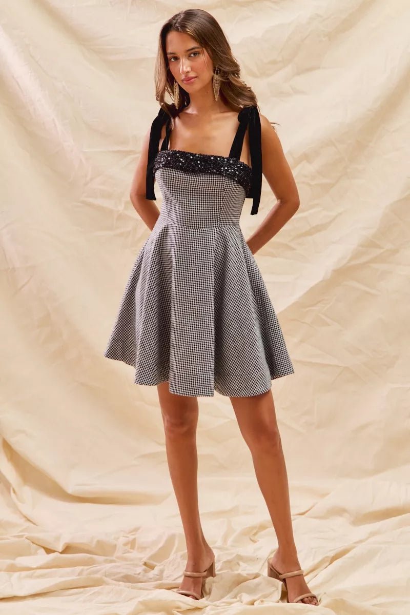 Colette Houndstooth Shoulder-Tie Mini Dress - Dressed.