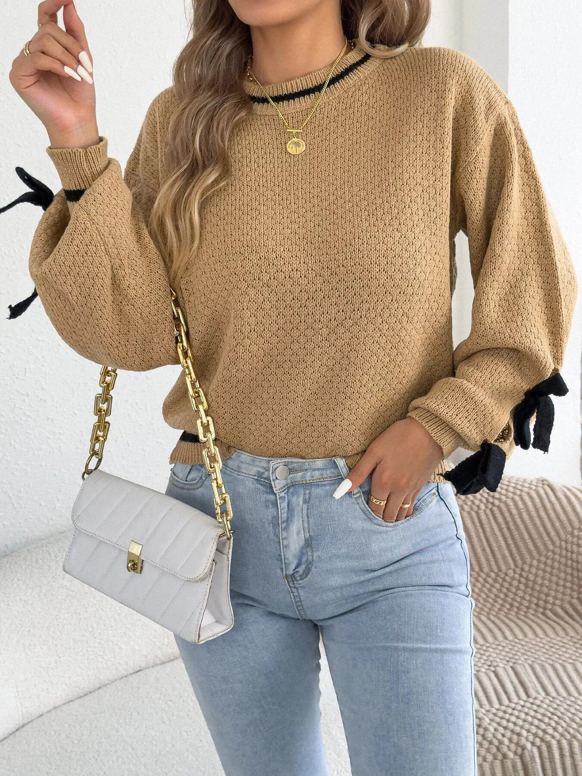 Contrast Bow-Tie Sleeve Crew Neck Sweater - Dressed.
