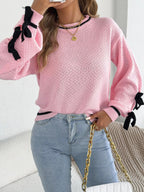 Contrast Bow-Tie Sleeve Crew Neck Sweater - Dressed.