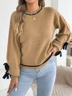 Contrast Bow-Tie Sleeve Crew Neck Sweater - Dressed.