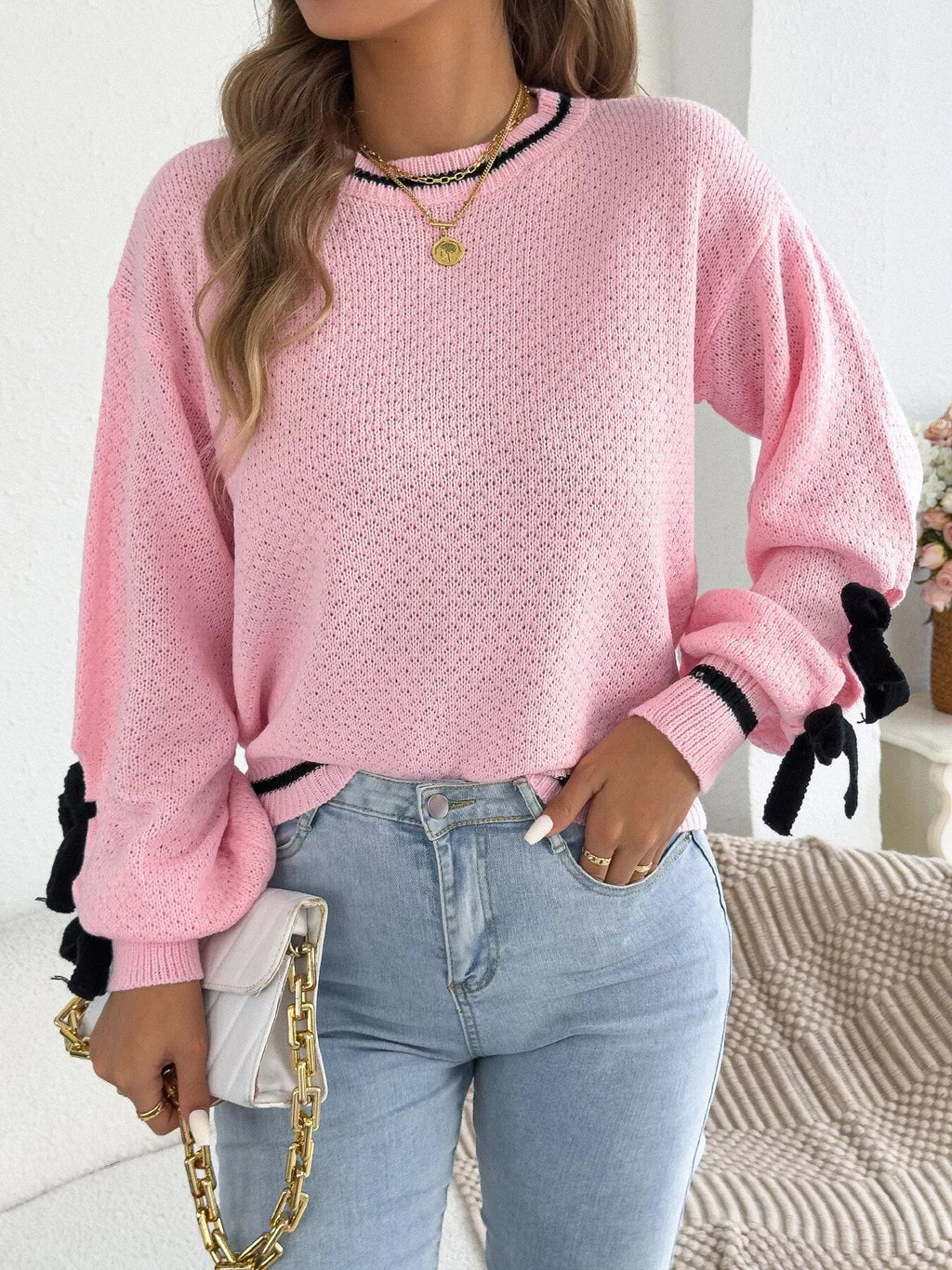 Contrast Bow-Tie Sleeve Crew Neck Sweater - Dressed.