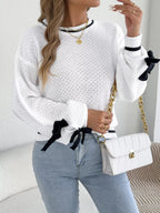 Contrast Bow-Tie Sleeve Crew Neck Sweater - Dressed.