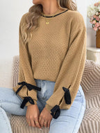 Contrast Bow-Tie Sleeve Crew Neck Sweater - Dressed.