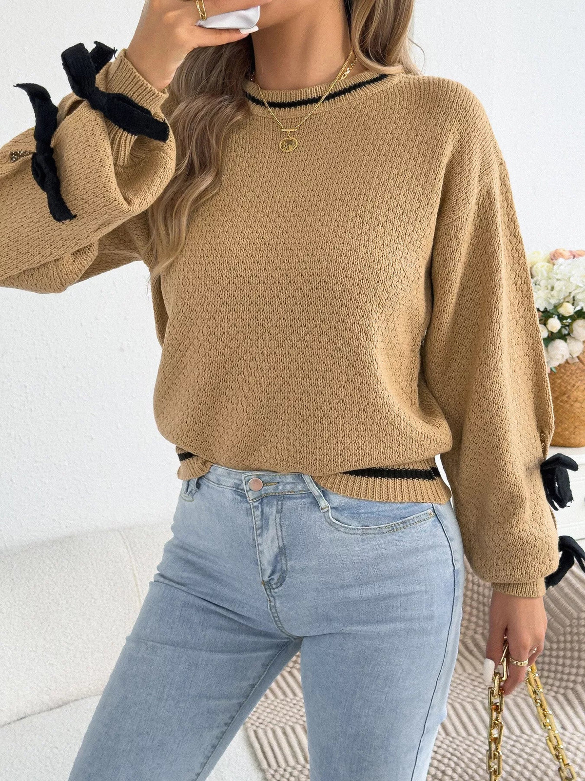 Contrast Bow-Tie Sleeve Crew Neck Sweater - Dressed.