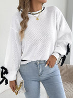 Contrast Bow-Tie Sleeve Crew Neck Sweater - Dressed.
