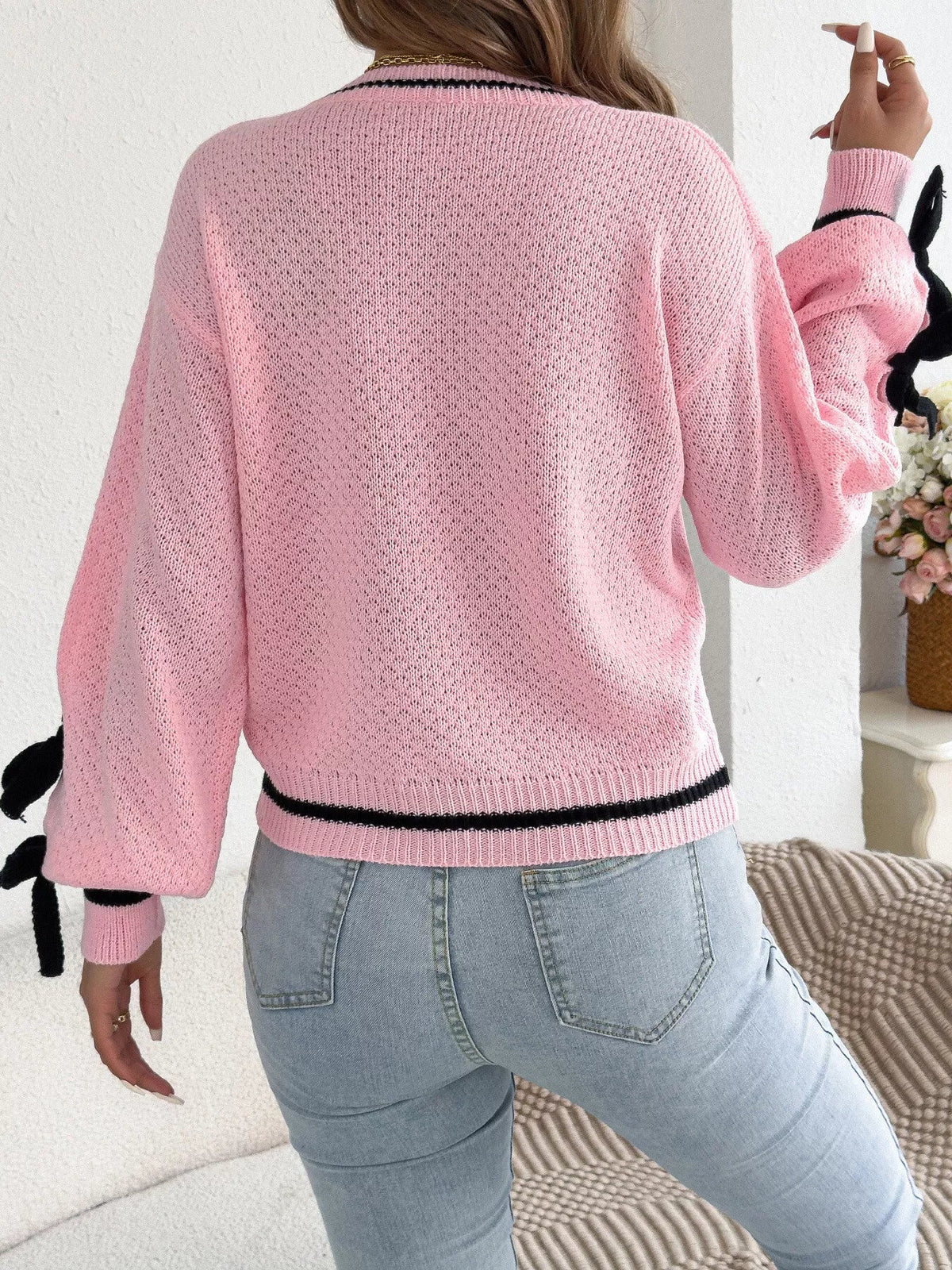 Contrast Bow-Tie Sleeve Crew Neck Sweater - Dressed.