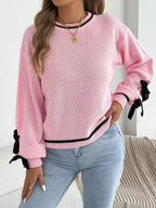 Contrast Bow-Tie Sleeve Crew Neck Sweater - Dressed.