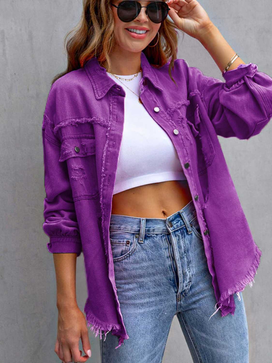 Distressed Drop Shoulder Denim Jacket - Dressed.