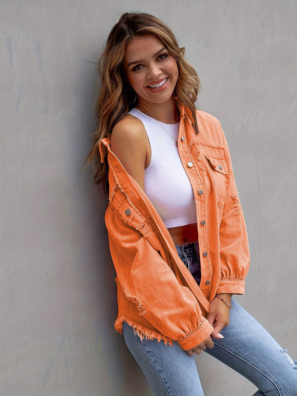 Distressed Drop Shoulder Denim Jacket - Dressed.