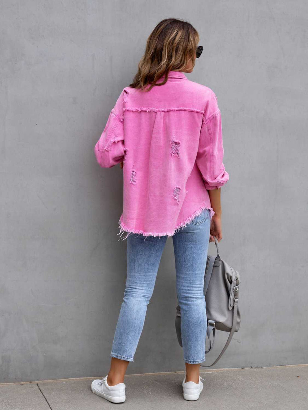 Distressed Drop Shoulder Denim Jacket - Dressed.