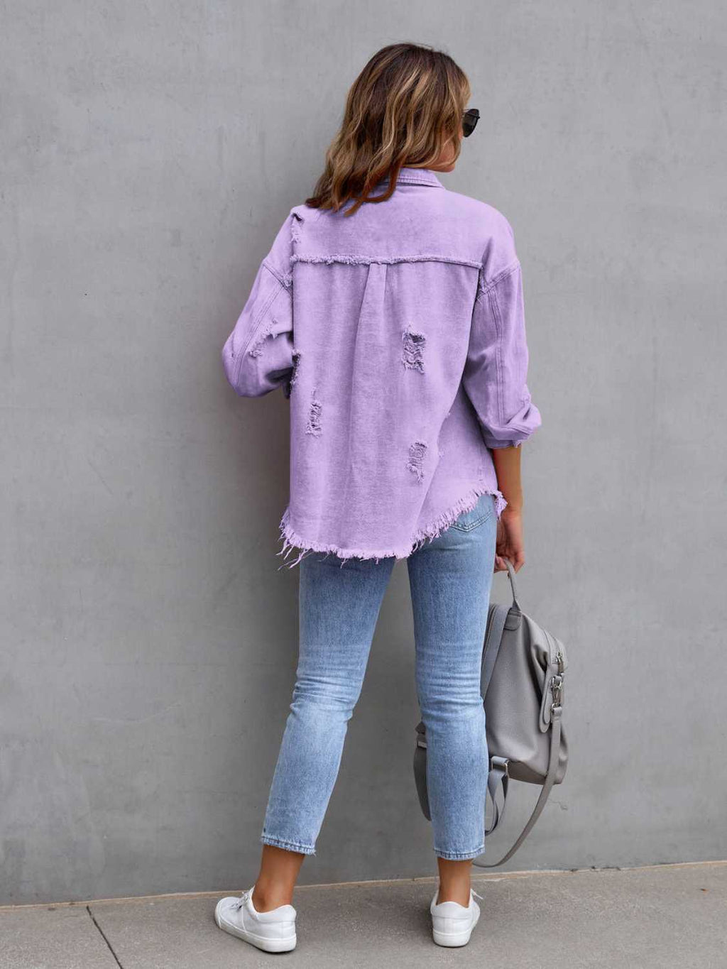 Distressed Drop Shoulder Denim Jacket - Dressed.