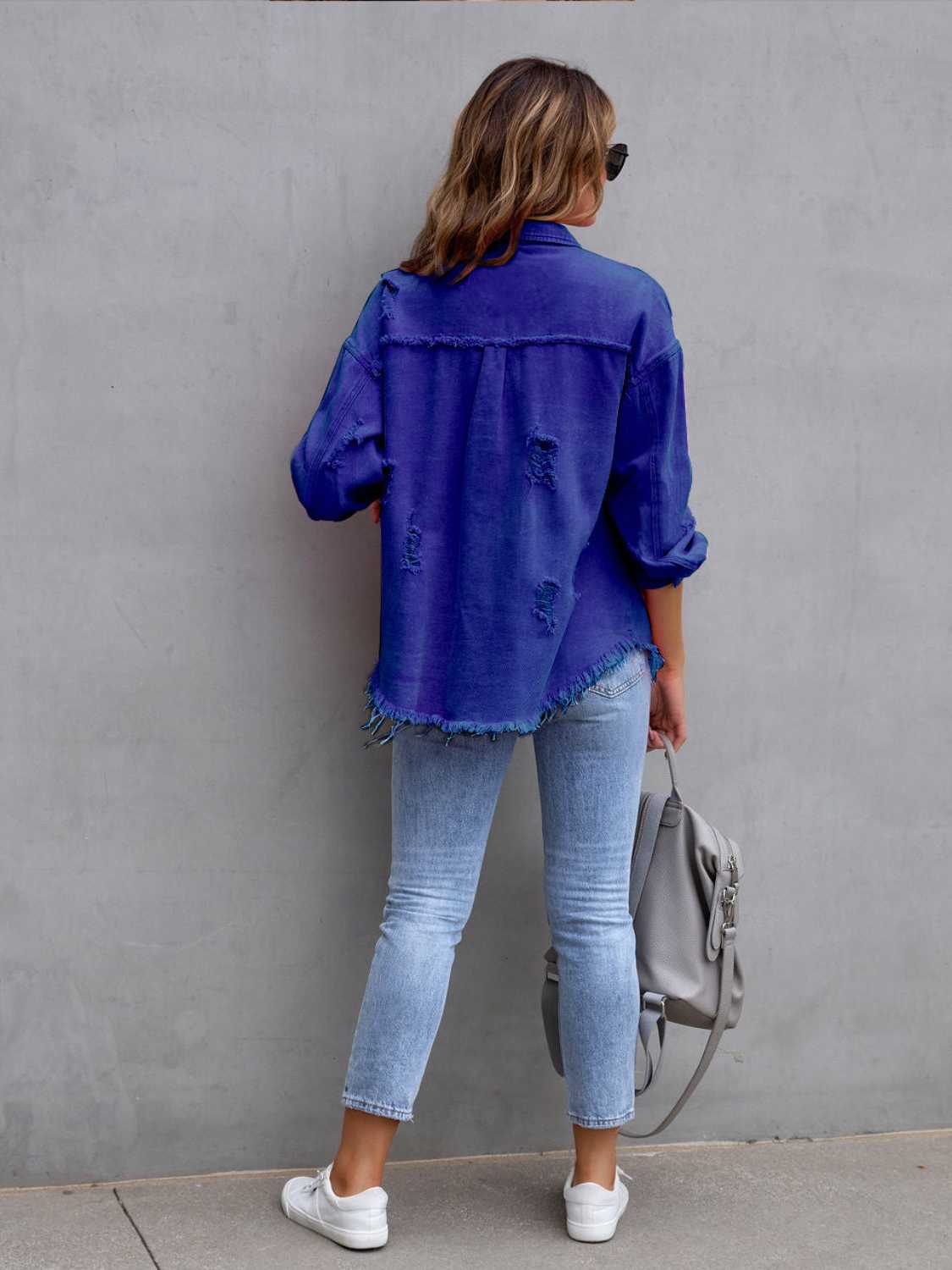 Distressed Drop Shoulder Denim Jacket - Dressed.