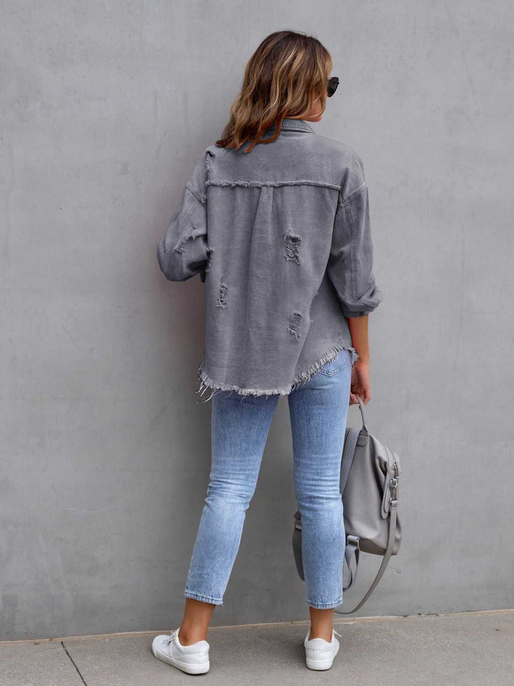 Distressed Drop Shoulder Denim Jacket - Dressed.