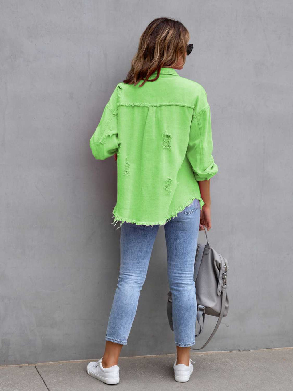 Distressed Drop Shoulder Denim Jacket - Dressed.