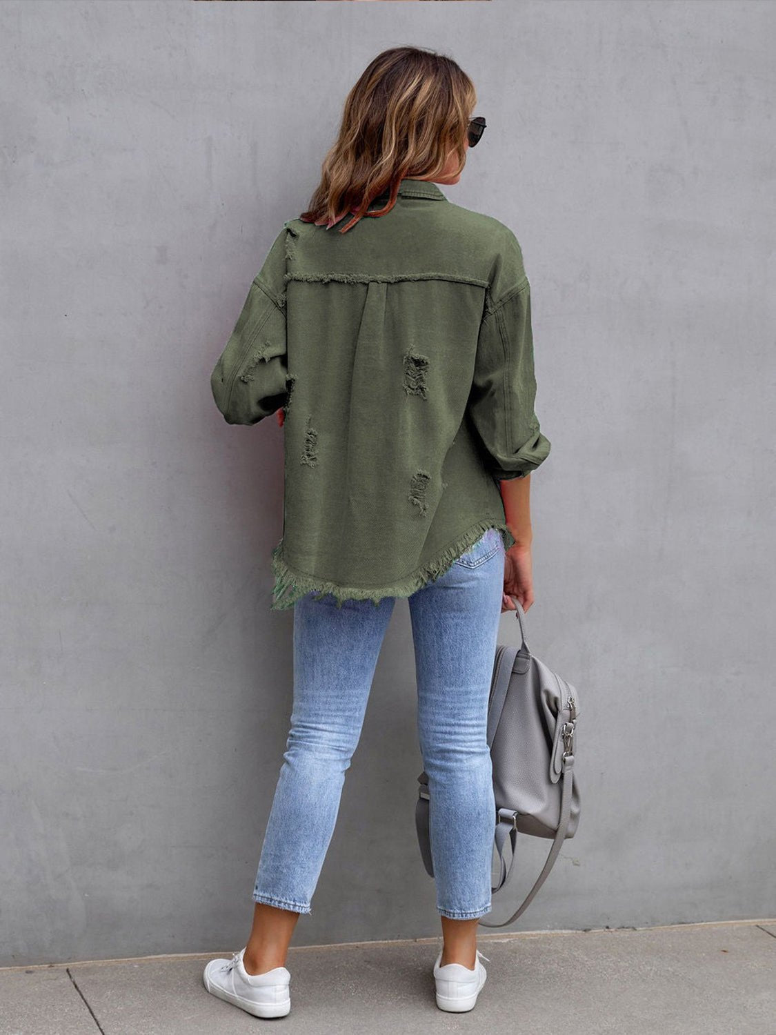 Distressed Drop Shoulder Denim Jacket - Dressed.