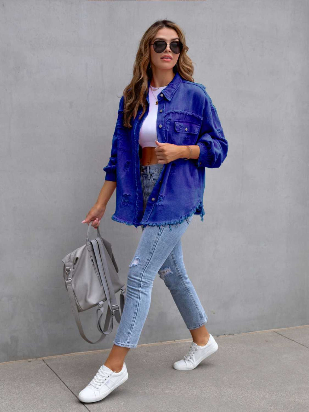 Distressed Drop Shoulder Denim Jacket - Dressed.