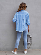 Distressed Drop Shoulder Denim Jacket - Dressed.