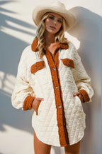 Double Take Full Size Contrast Button Up Quilted Shacket - Dressed.