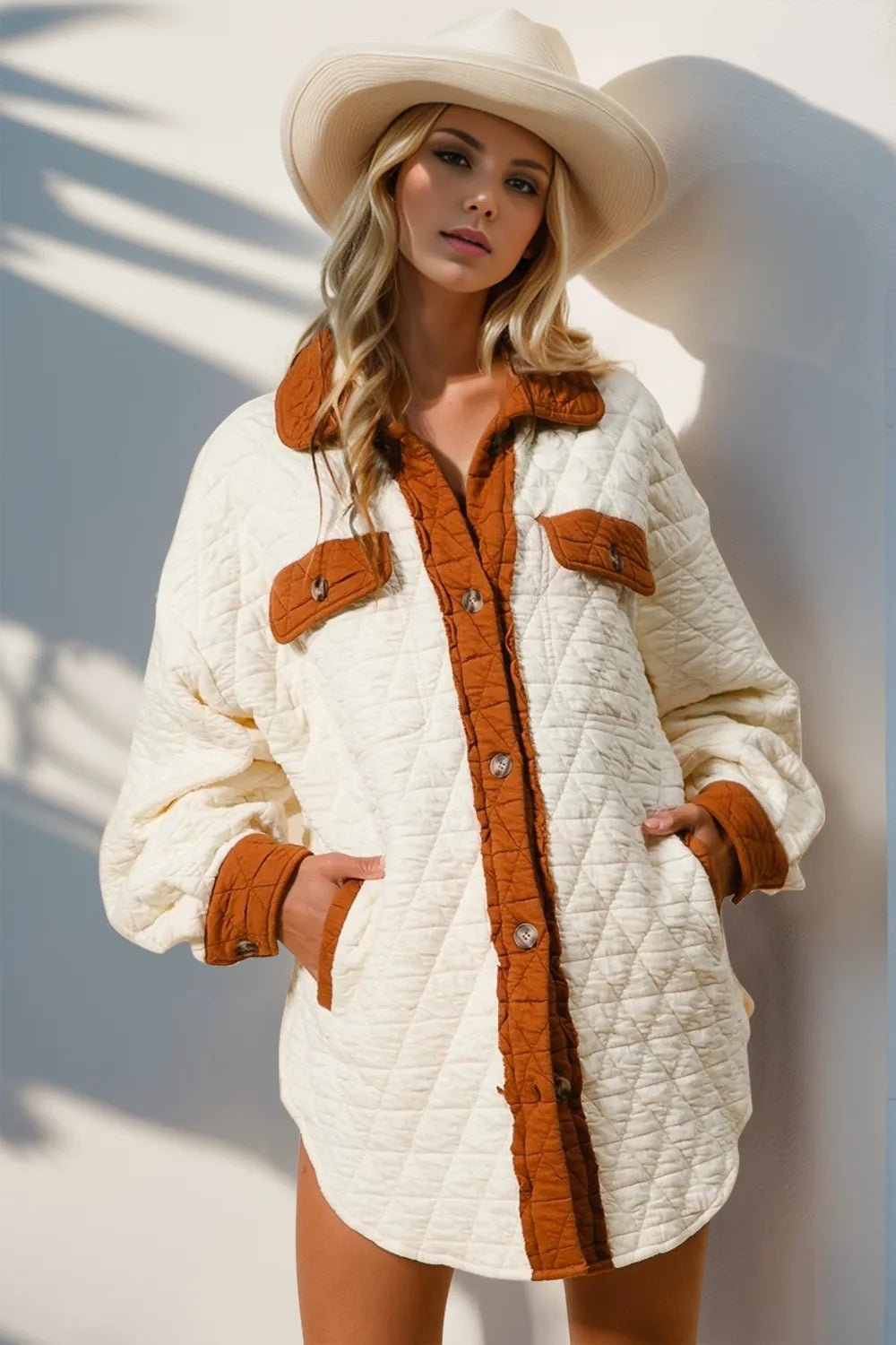 Double Take Full Size Contrast Button Up Quilted Shacket - Dressed.