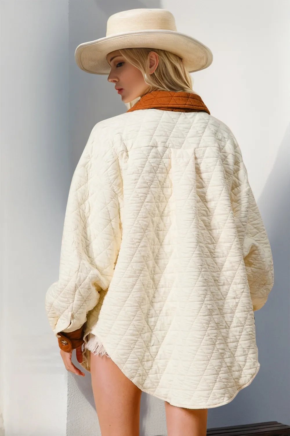 Double Take Full Size Contrast Button Up Quilted Shacket - Dressed.