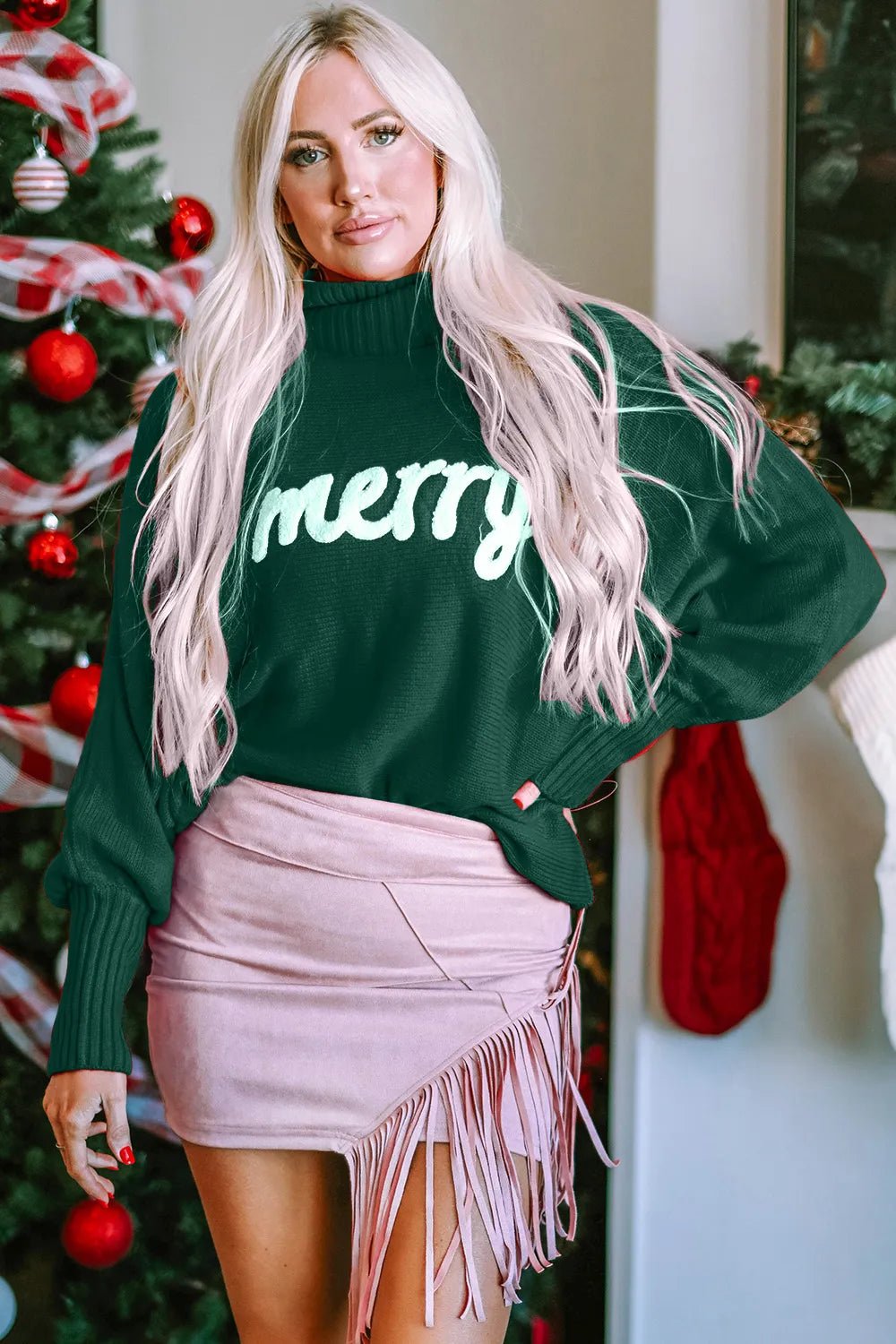 Double Take Full Size Merry Christmas Turtleneck Long Sleeve Sweater - Dressed.