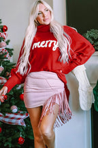Double Take Full Size Merry Christmas Turtleneck Long Sleeve Sweater - Dressed.