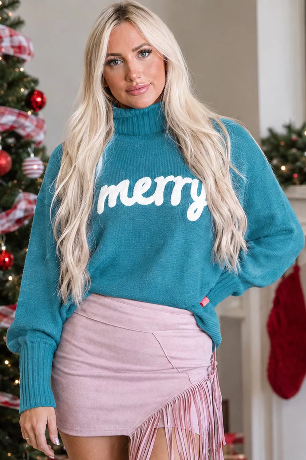 Double Take Full Size Merry Christmas Turtleneck Long Sleeve Sweater - Dressed.