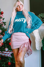 Double Take Full Size Merry Christmas Turtleneck Long Sleeve Sweater - Dressed.
