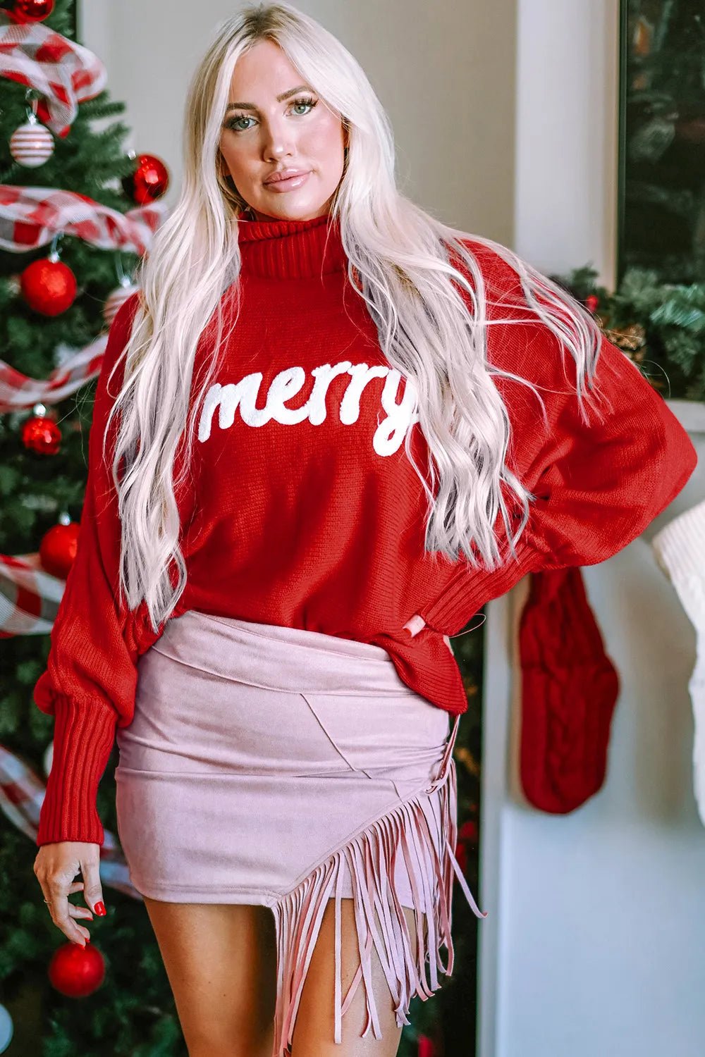 Double Take Full Size Merry Christmas Turtleneck Long Sleeve Sweater - Dressed.