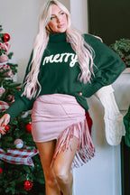 Double Take Full Size Merry Christmas Turtleneck Long Sleeve Sweater - Dressed.
