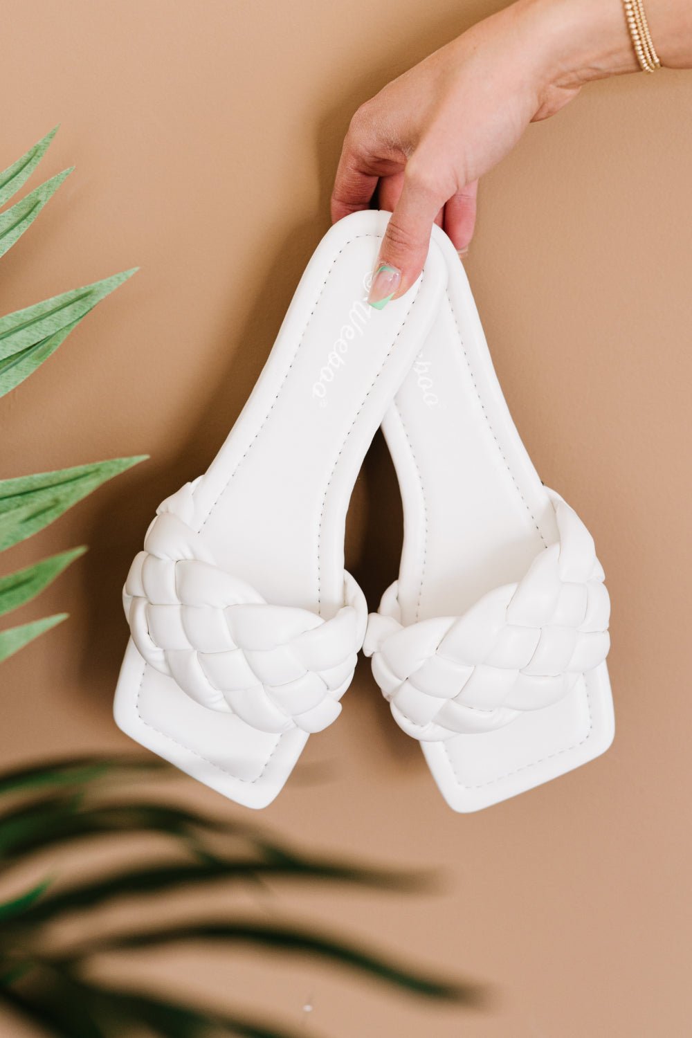 Elise Woven Square-Toe Slides — White - Dressed.