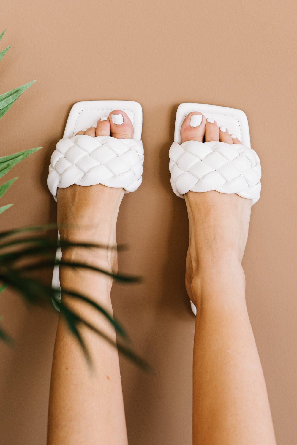 Elise Woven Square-Toe Slides — White - Dressed.