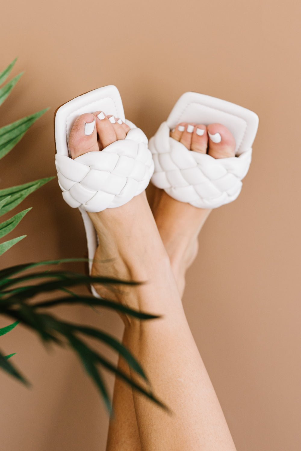 Elise Woven Square-Toe Slides — White - Dressed.