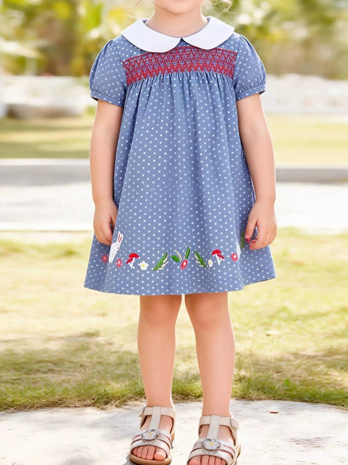 Elodie Embroidered Polka-Dot Dress — Dusty Blue - Dressed.