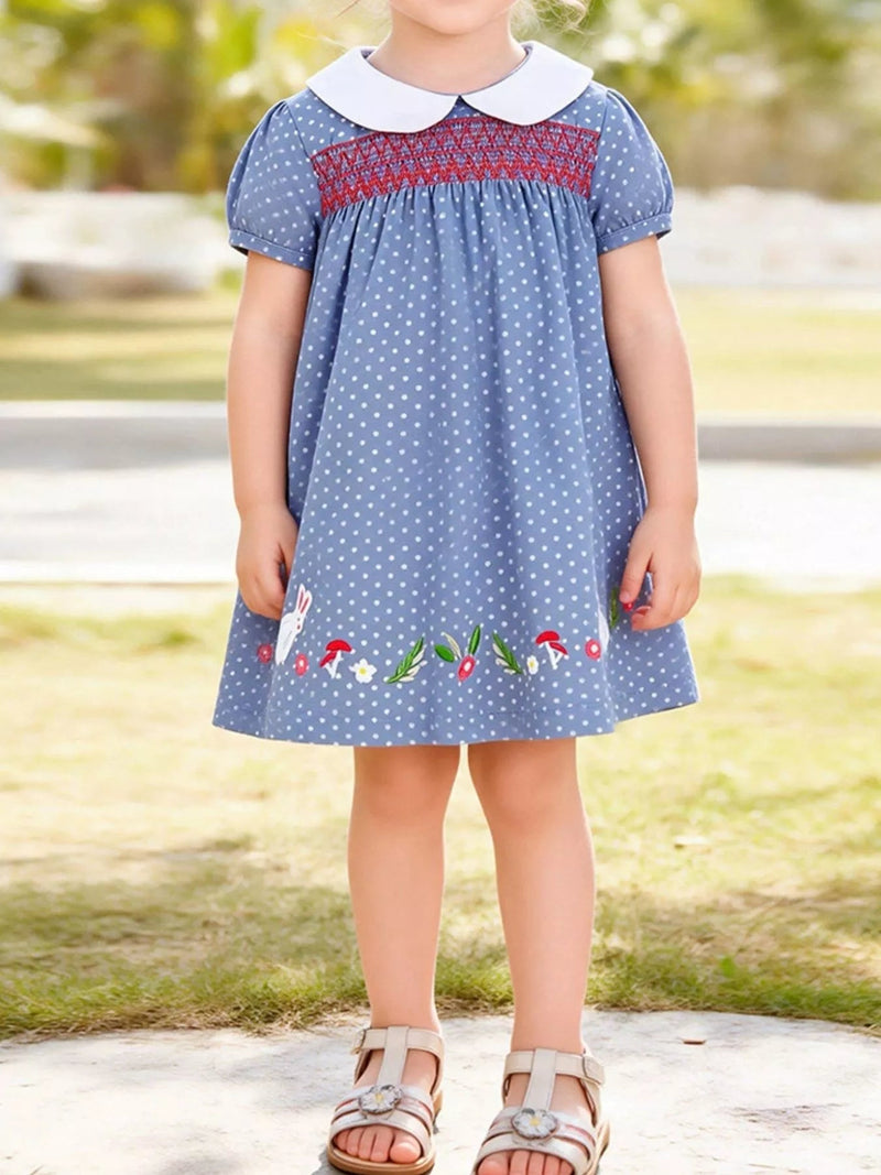 Elodie Embroidered Polka-Dot Dress — Dusty Blue - Dressed.