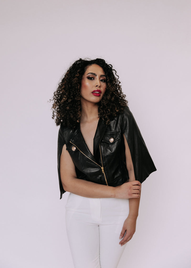 Fleur Cropped Cape Jacket — Black Leather | MCNZ - Dressed.