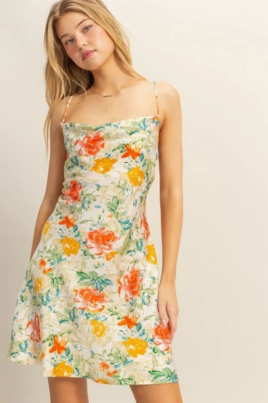 Flora Satin Floral Cowl-Neck Mini Dress - Dressed.