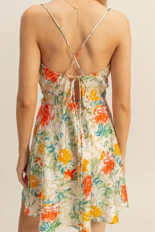 Flora Satin Floral Cowl-Neck Mini Dress - Dressed.